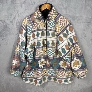 Vtg Women's Jacket Fleece Aztec Tribal Reversible Large Button Up Oversized